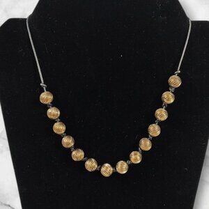 Vintage Monet Brass Round Bead Black Cord Necklace